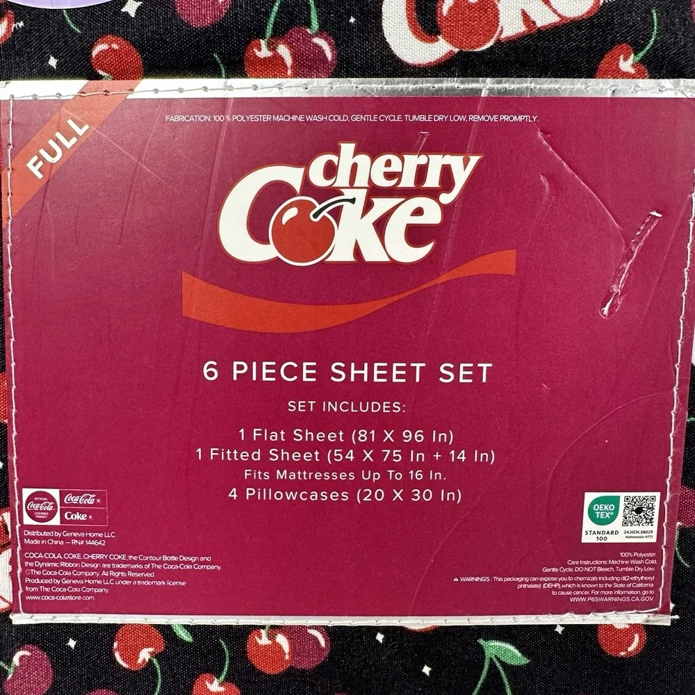 Cherry Coke Full Queen 6 Piece Sheet Set Coca Cola Cherry Print Black Bedding
